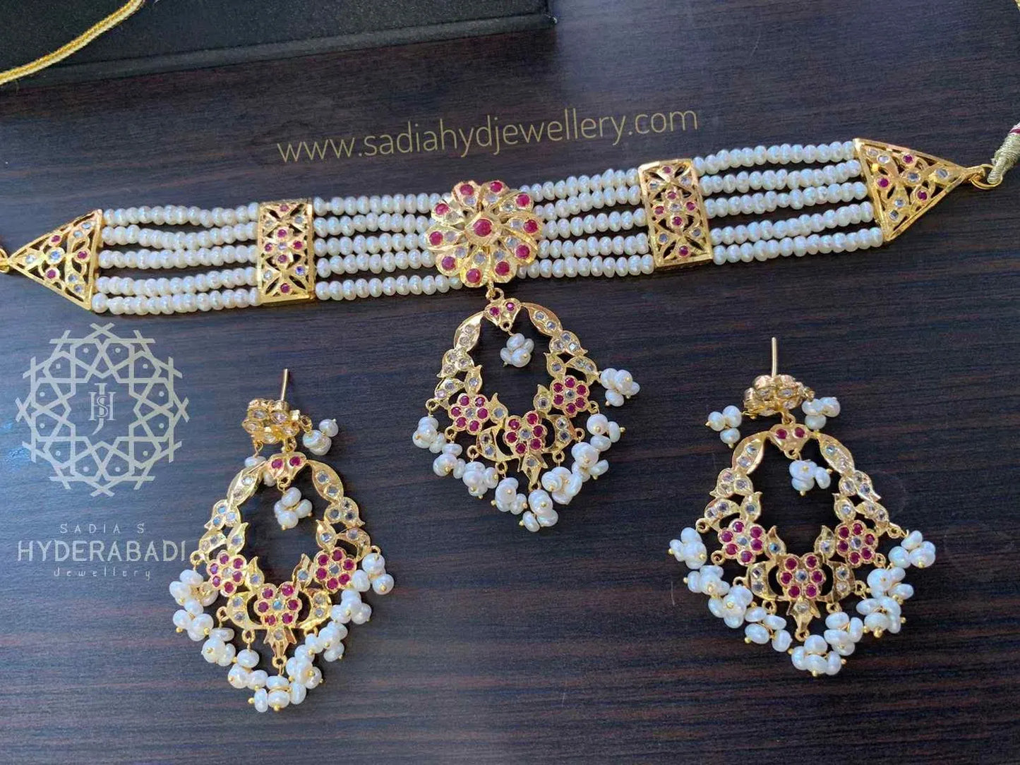 Kashifa Real Pearl Real Ruby Guluband with Matching Earrings