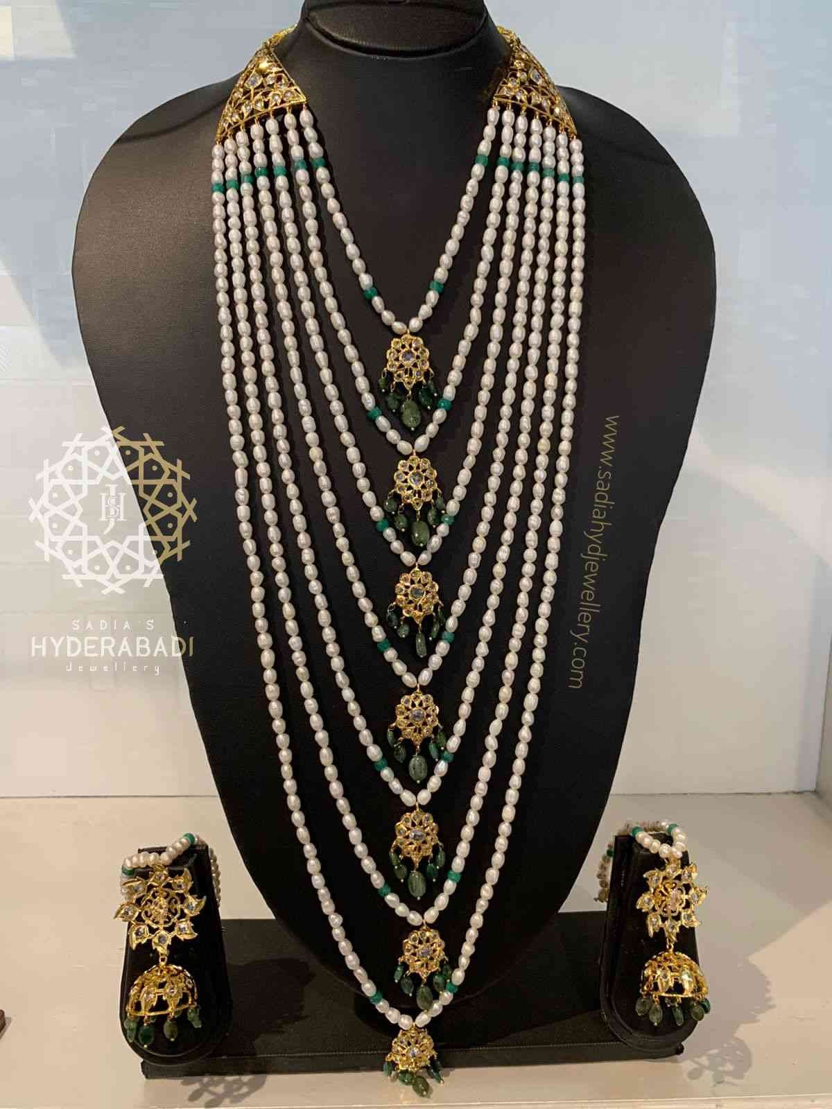 Nafeesa Real Emerald Real Pearl 7 Layer Set with Matching Earrings