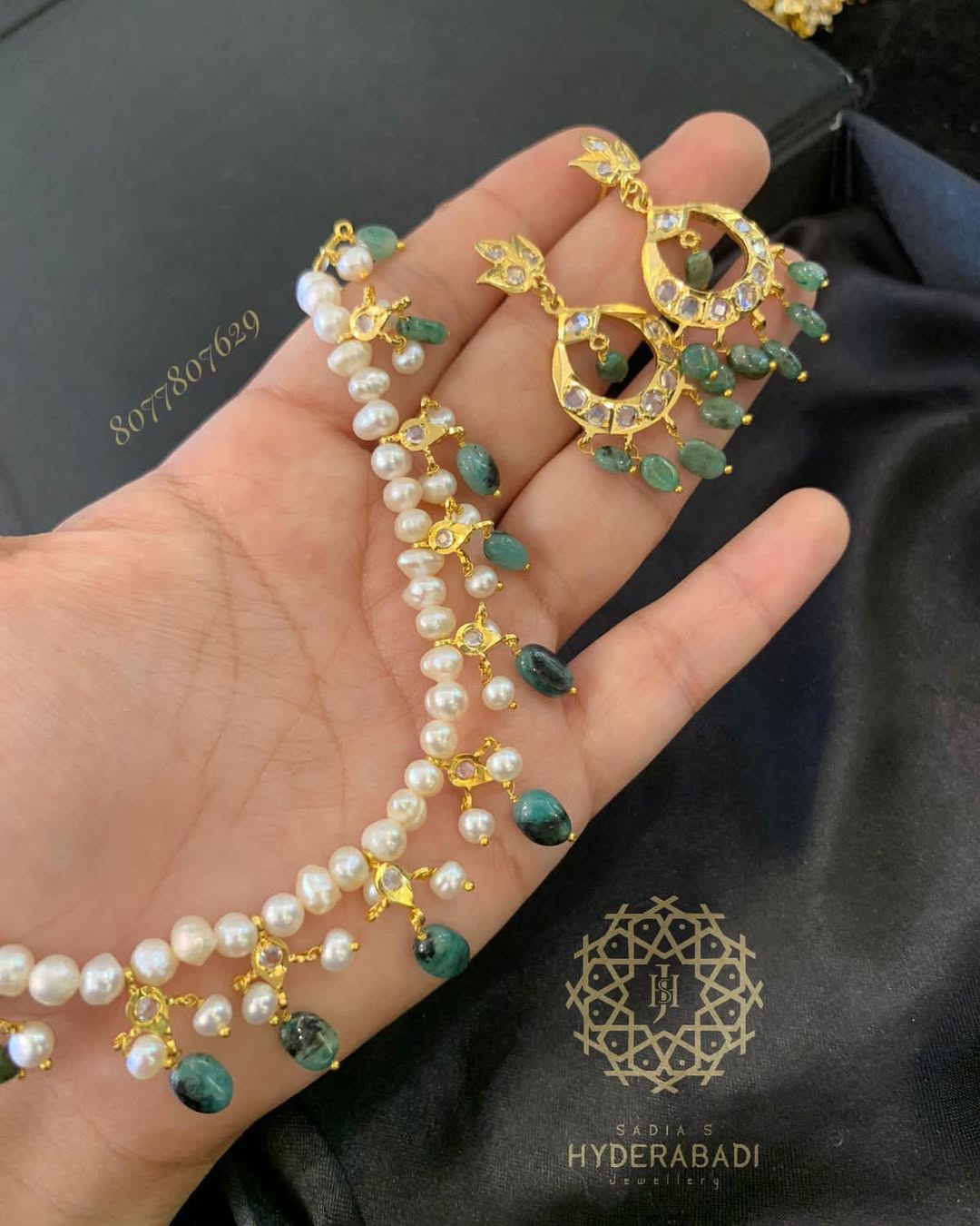 Sumera Real Emerald Real Pearl String with Matching Earrings