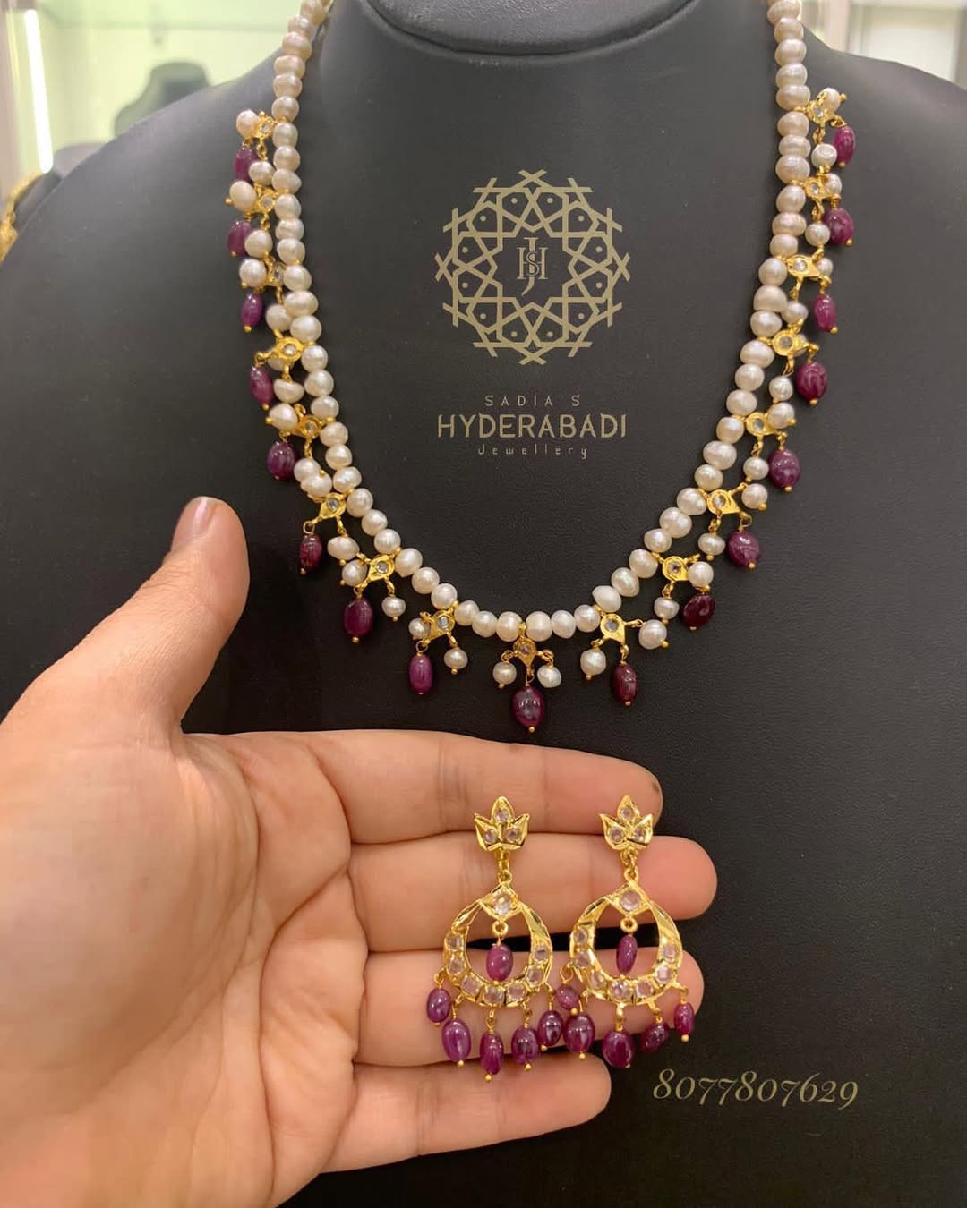 Sumera Real Ruby Real Pearl String with Matching Earrings