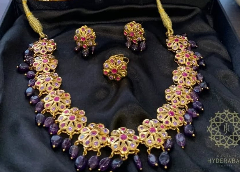 Asma Amethyst Necklace Earring with Matching Bridal Set of Bangle and Bracelet