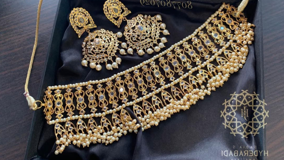 Rukhsar Choker with Matching Earrings in Golden Pearls