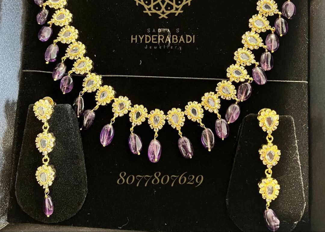 Real Amethyst Aakifa Pan Barfi Necklace Set