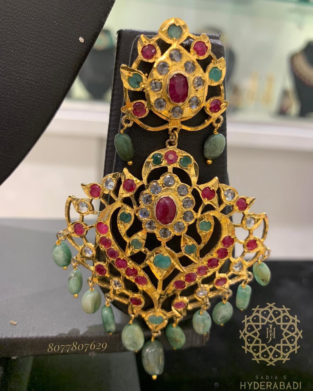 Aalima Real Pearl/Emerald/Ruby Long Haar with Matching Earrings