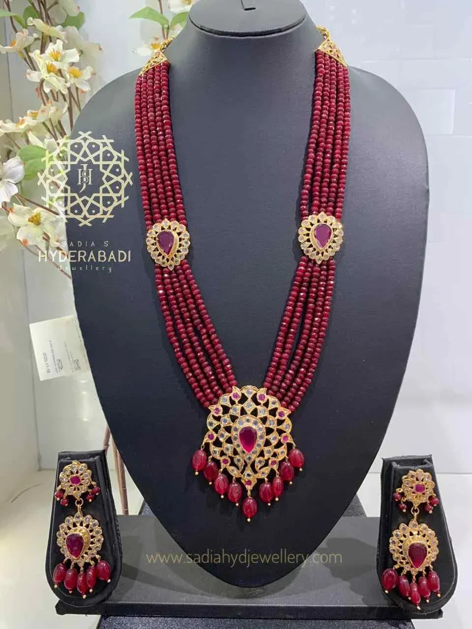 Hooriya Red Rani Haar with Matching Earrings