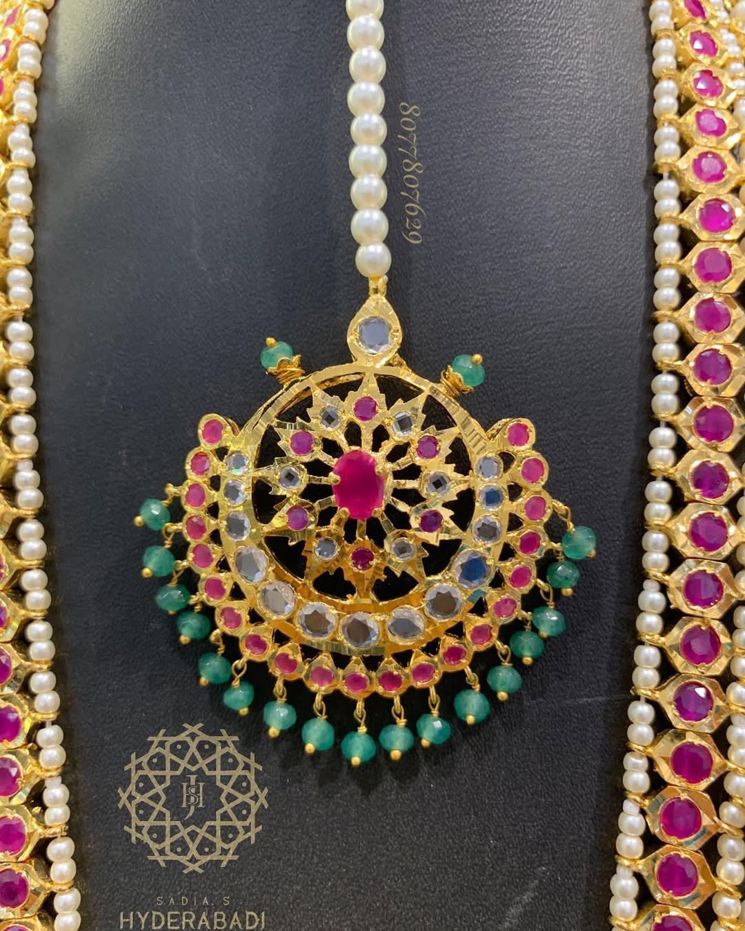 Taskeen Red Green Rani Haar with Matching Earrings and Tika