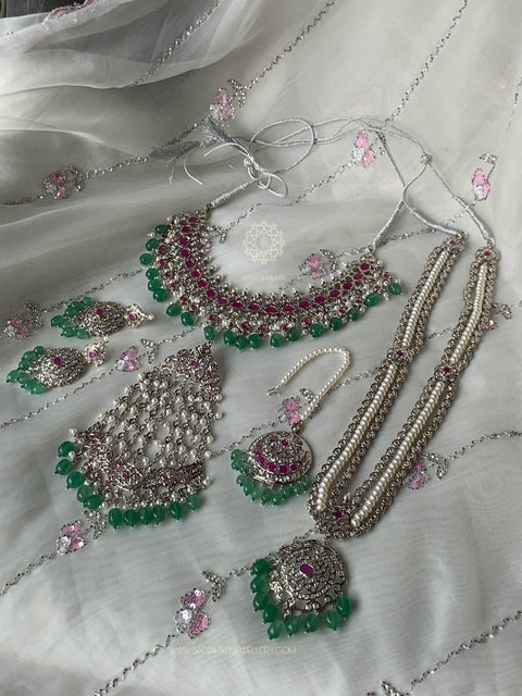 Misha Silver Plated Real Ruby Real Emerald Real Pearl Bridal Set