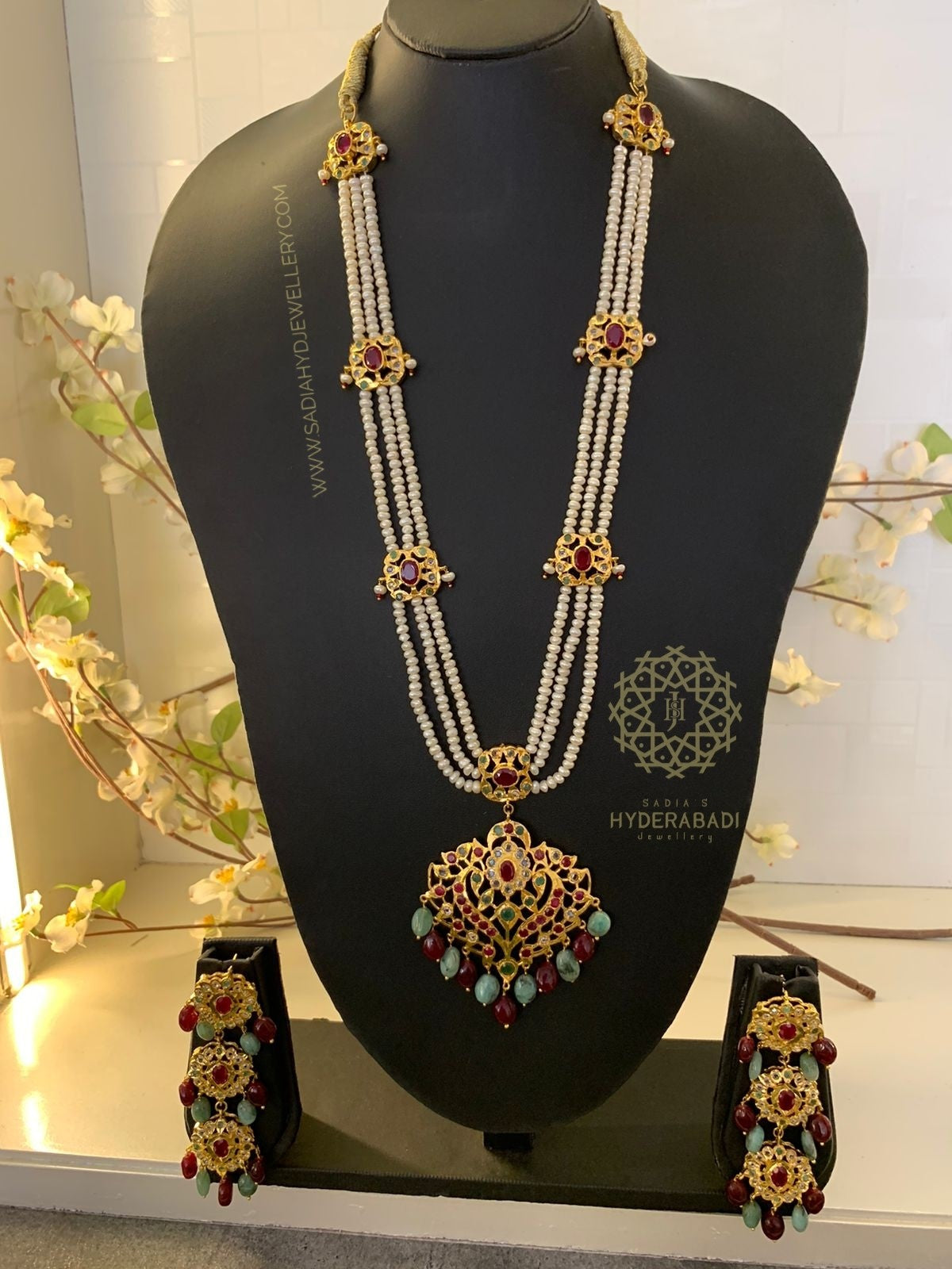 Sehba Real Emerald Real Ruby Raani Haar with Matching Earrings