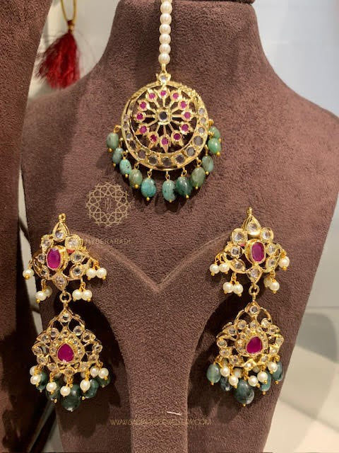 Shagufta Red Real Emerald Tika Earring Set