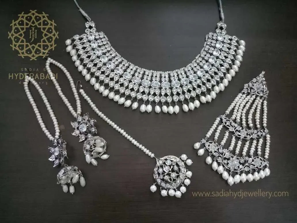 Marwah Real Pearl Silver Plated White Bridal Set