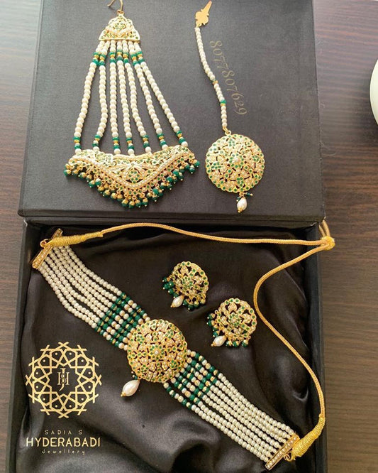 Alishba Green White Jadau Choker with Matching Tika and Jhumar