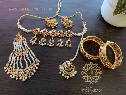 Aayerah Multicolor Delicate Flower Bridal Set with Matching Tika Jhumar and Bangle Pair