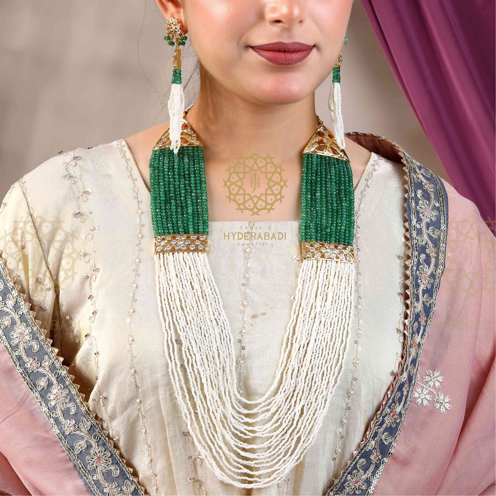poth design Ghazala Green Mala with AD Polki and Poth Designing – Sadiahyderabadi