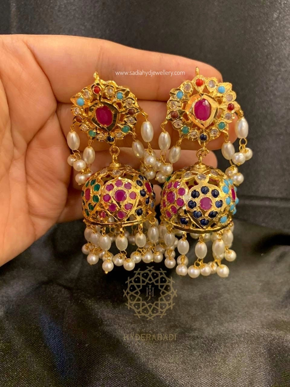 Indian Pakistani Bollywood outlets Wedding Hyderabadi Jadau Jewelry Jewellery Raani-Haar Long Kundan Pearl Bridal Necklace Set Ruby Red-Green Clr 6P