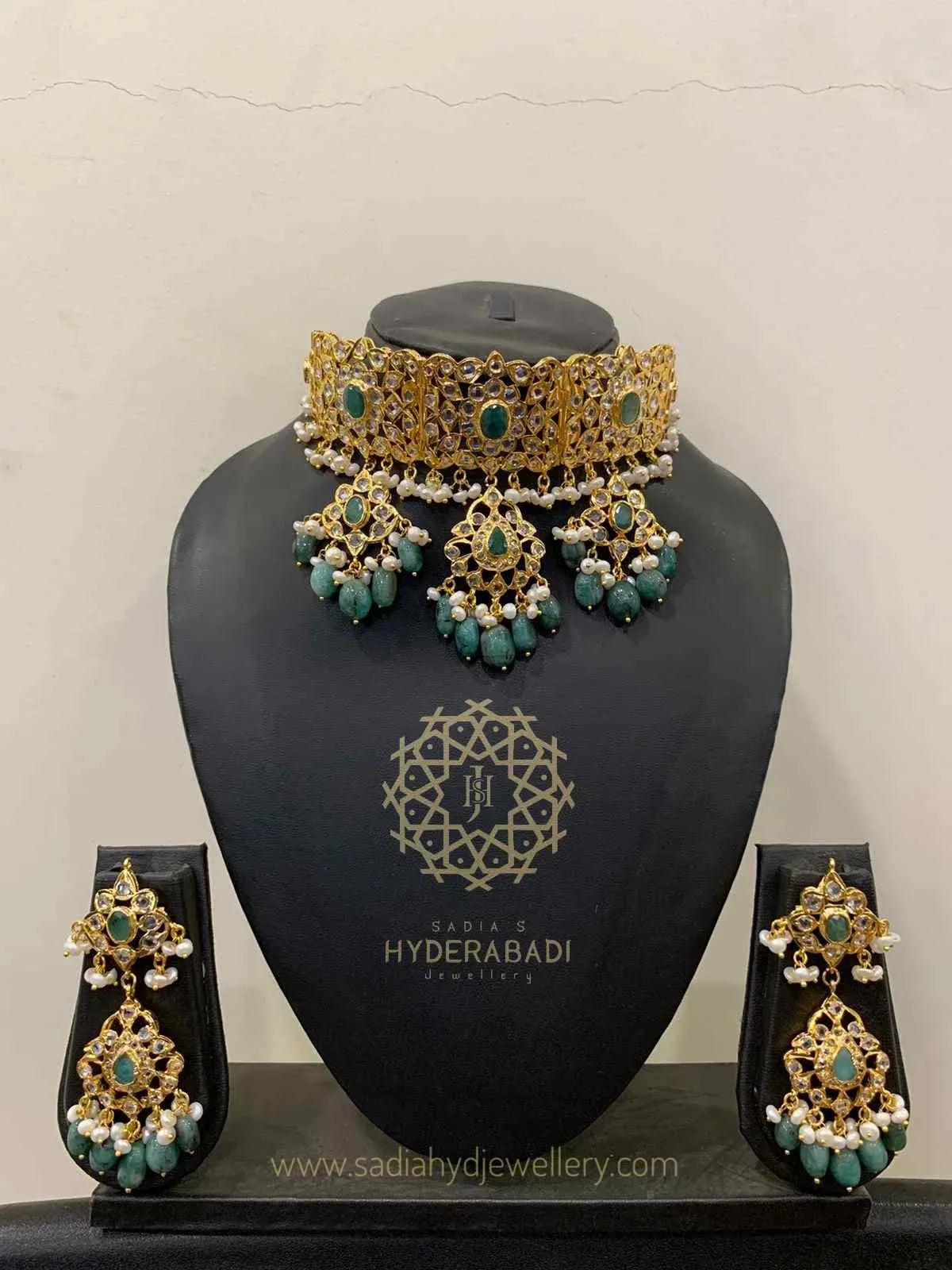 Shagufta Real Pearl Real Emerald Choker with Matching Earrings