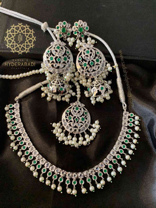 Muneeza Silver Plated Necklace Set with Matching Tika