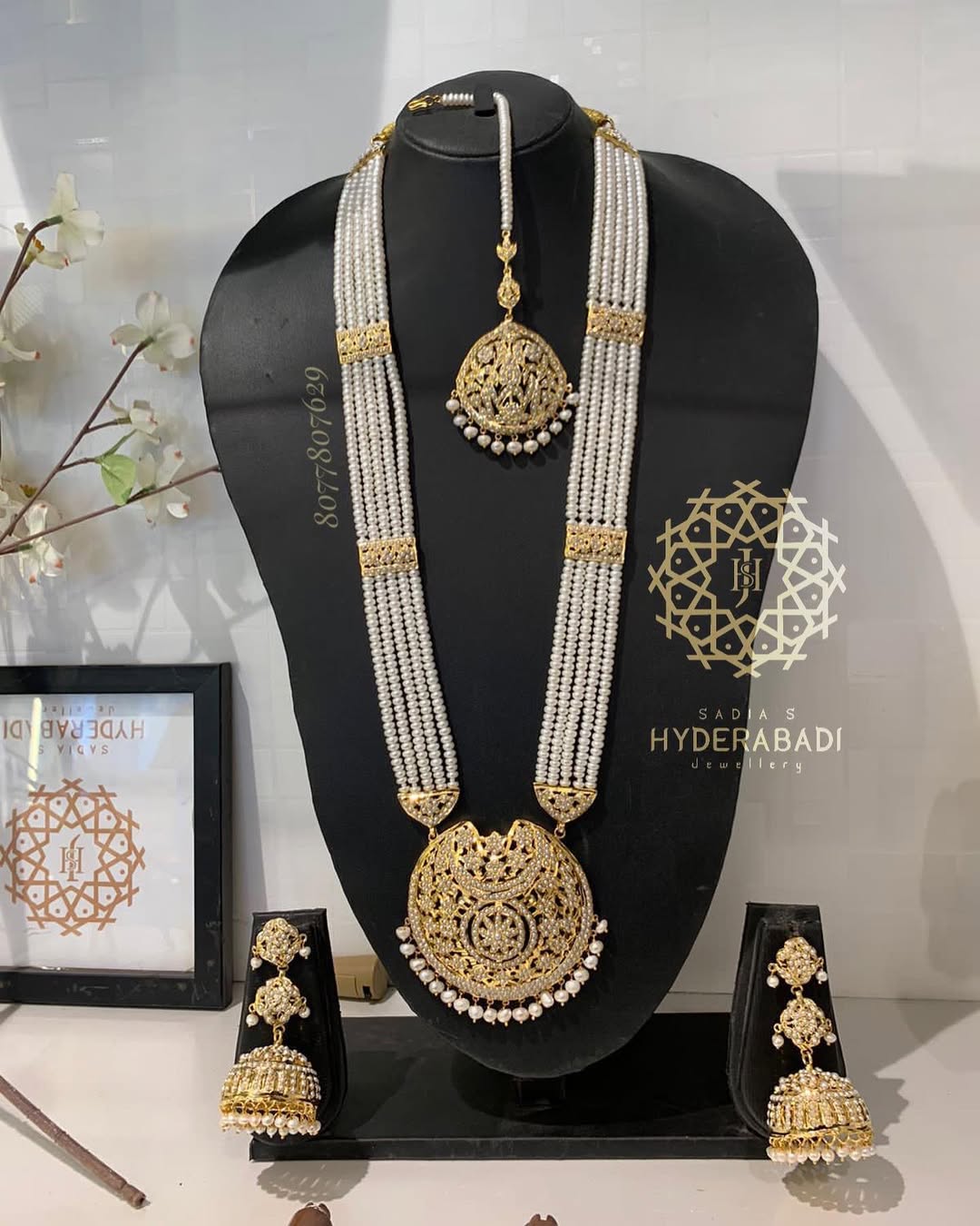 Aziza Real Pearl Complete White Jadau Rani Haar with Matching Jhumka and Tika