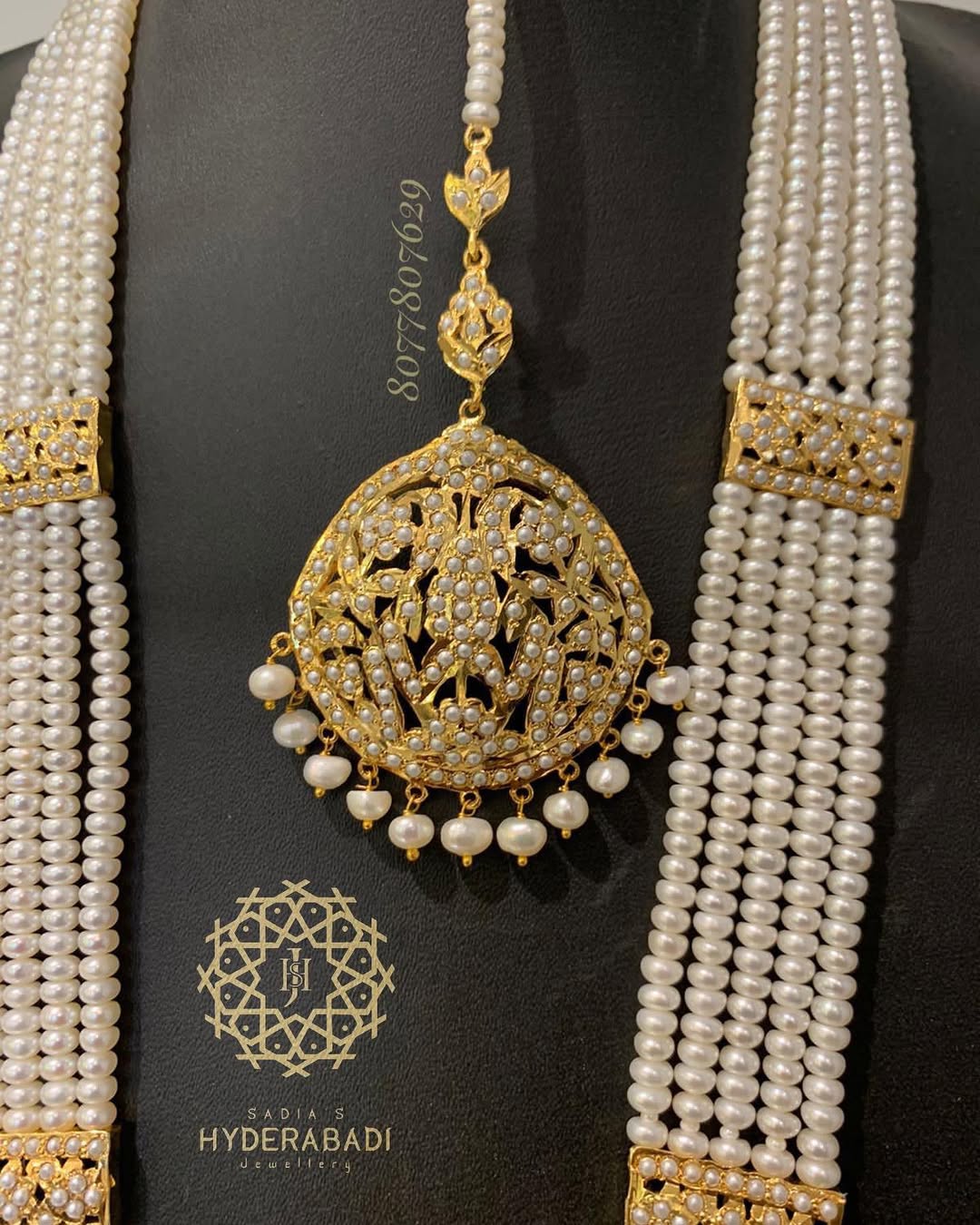 Aziza Real Pearl Complete White Jadau Rani Haar with Matching Jhumka and Tika