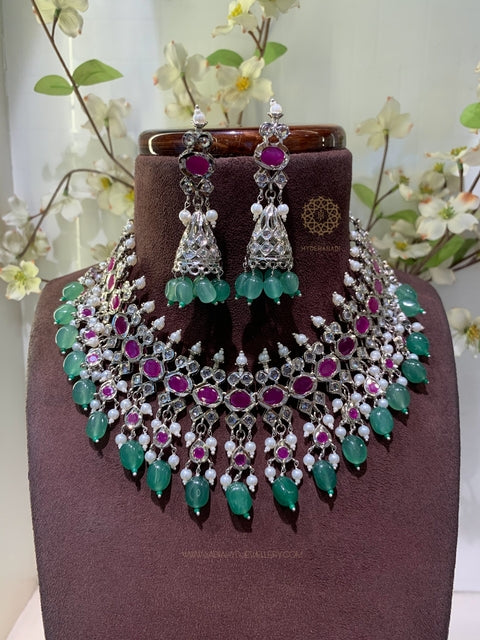 Basharat Silver Plated Red Green Necklace Set