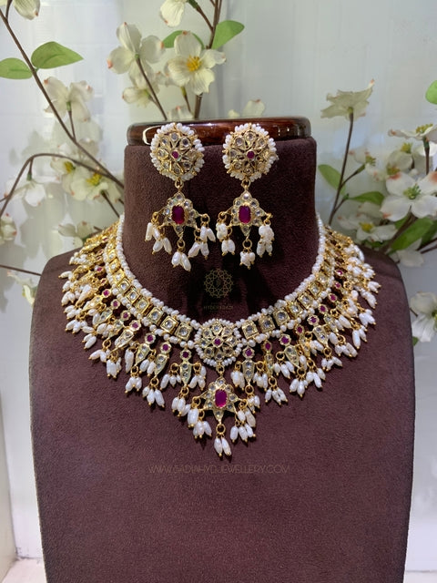 Bushra Red Real Pearl Champakali Set