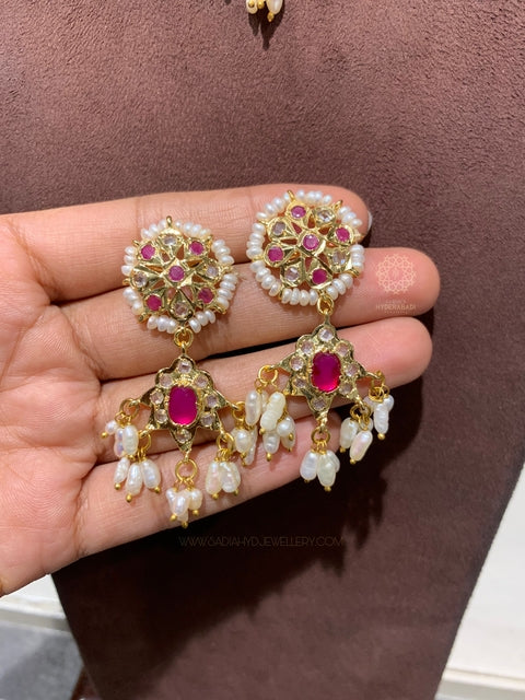 Bushra Red Real Pearl Champakali Set