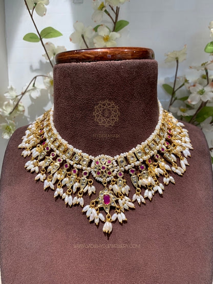 Bushra Red Real Pearl Champakali Set