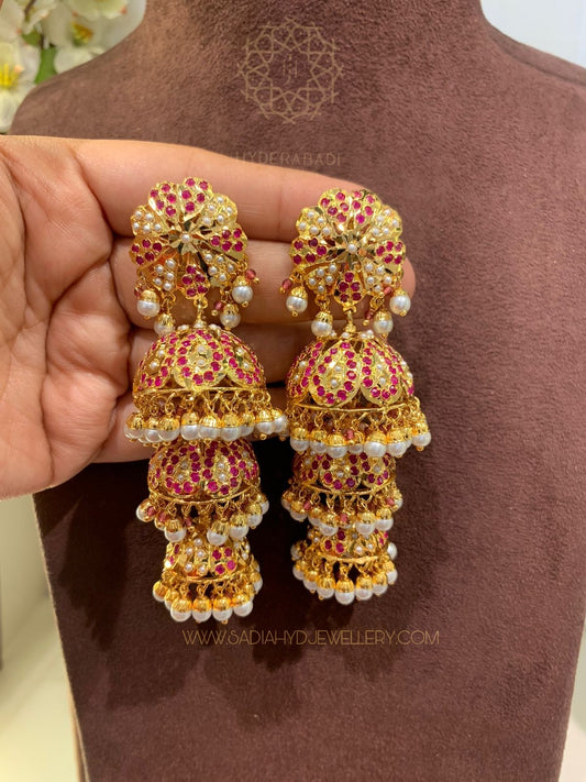 Daniya Red Triple Jhumki