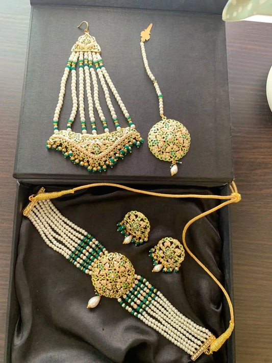 Alishba Green White Jadau Choker with Matching Tika and Jhumar