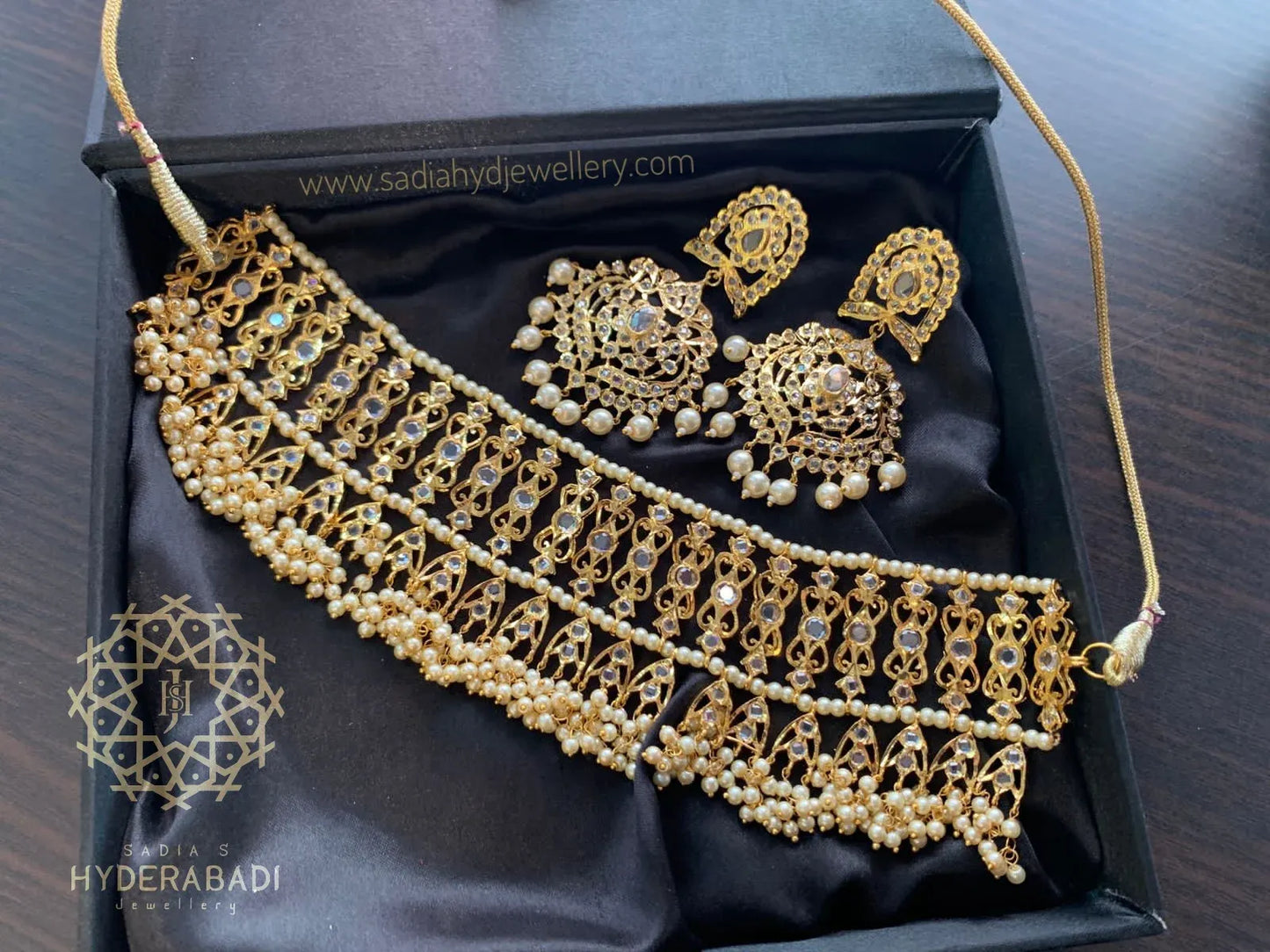 Rukhsar Choker with Matching Earrings in Golden Pearls