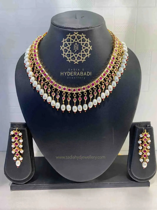 Fizza Red White Hyderabadi Necklace with Matching Earrings