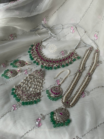 Misha Silver Plated Real Ruby Real Emerald Real Pearl Bridal Set