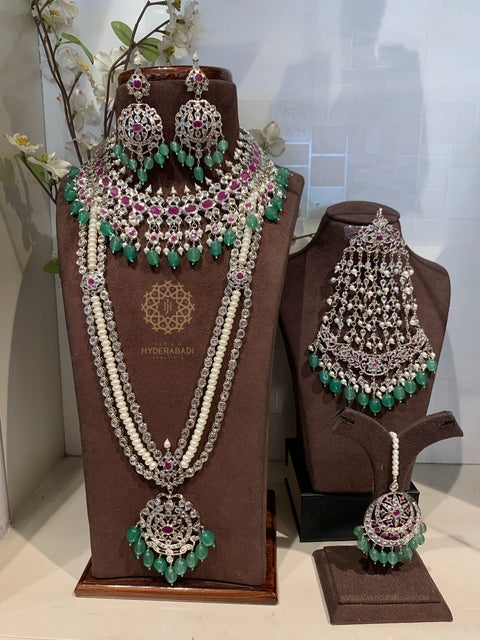 Misha Silver Plated Real Ruby Real Emerald Real Pearl Bridal Set