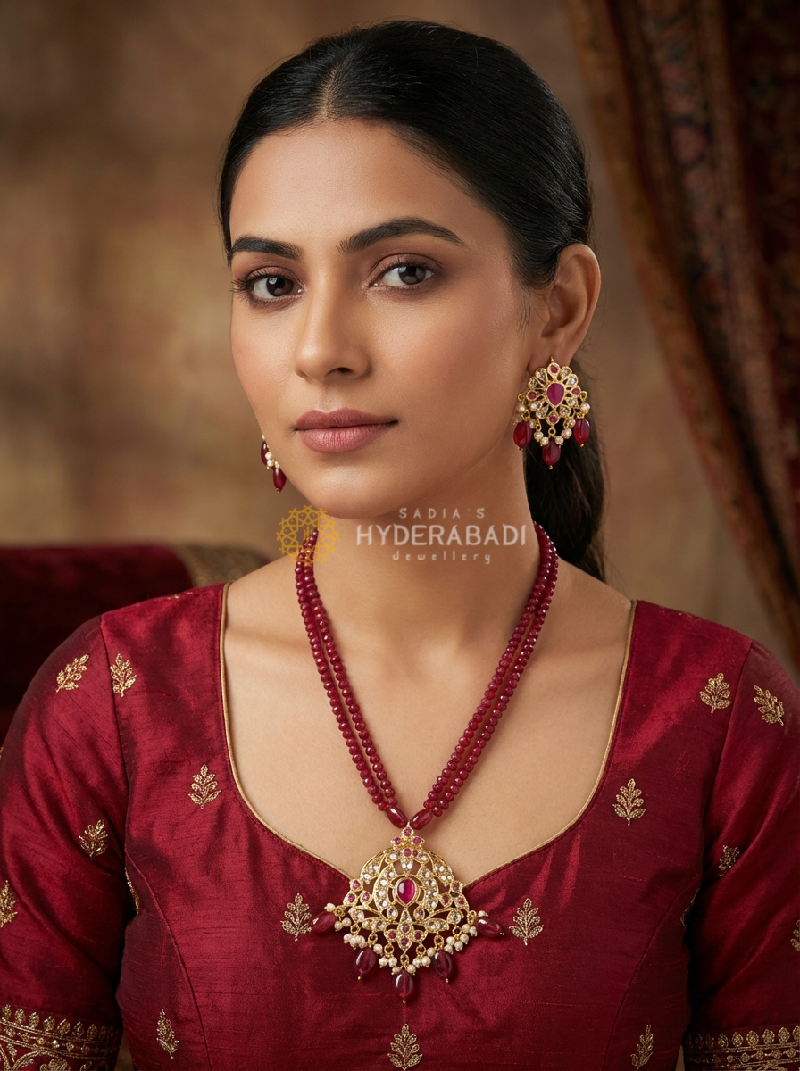Nabila Red Pendant Set with Matching Earrings