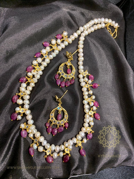 Sumera Real Ruby Real Pearl String with Matching Earrings