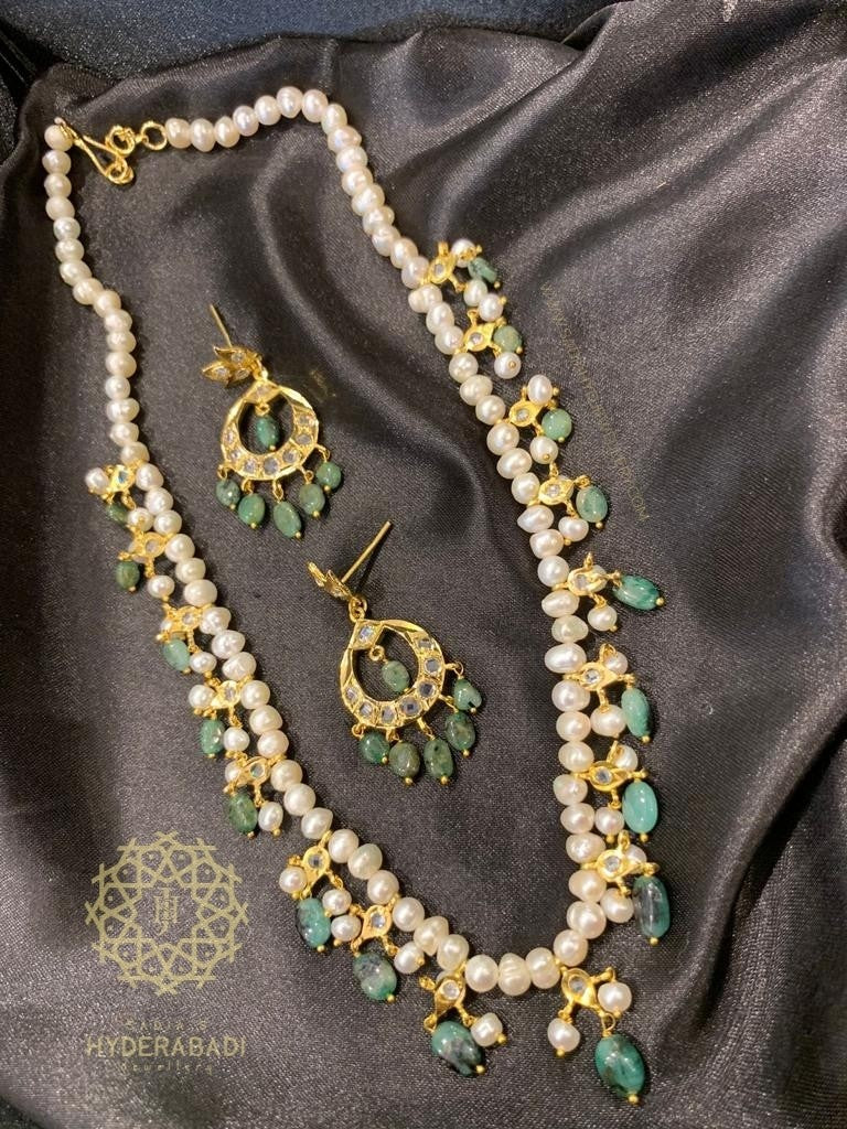 Sumera Real Emerald Real Pearl String with Matching Earrings