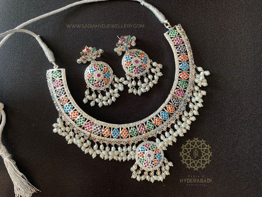 Tasmiyah Silver Plated Multicolored Necklace Set