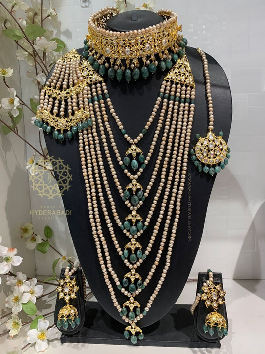 Mirha Real Emerald Real Pearl with Pukhraj Stone Fitting Bridal Set