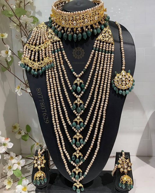 Nafeesa Real Emerald Real Pearl White Stone Bridal Set