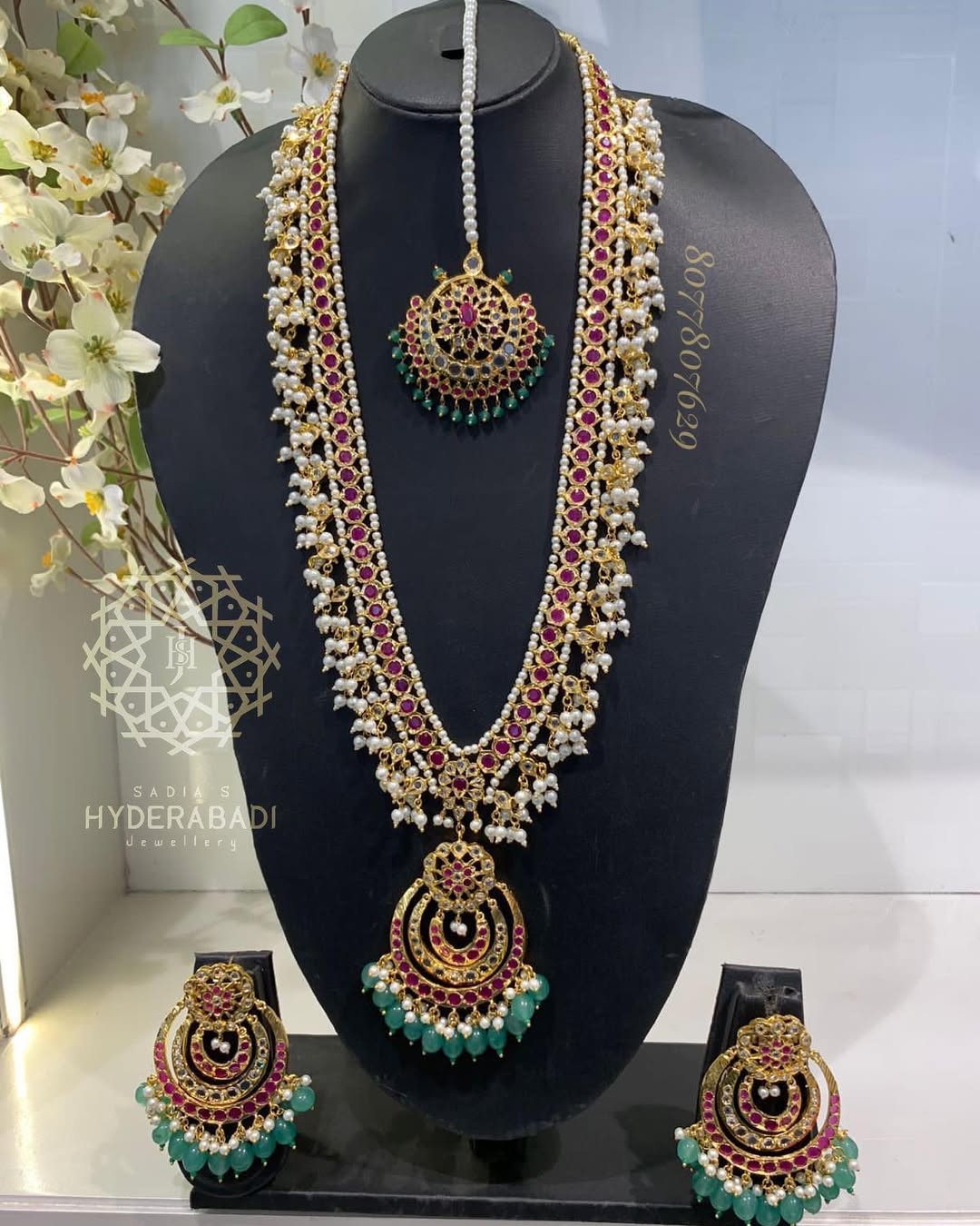 Taskeen Red Green Rani Haar with Matching Earrings and Tika