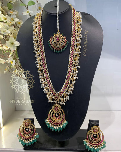 Taskeen Red Green Rani Haar with Matching Earrings and Tika