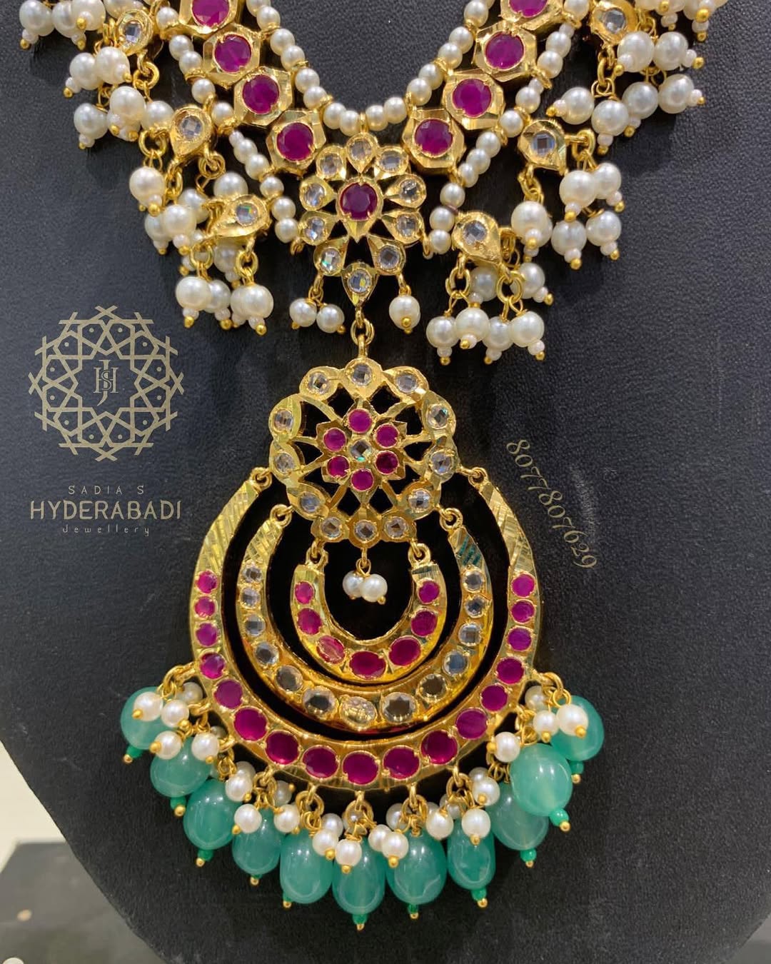 Taskeen Red Green Rani Haar with Matching Earrings and Tika