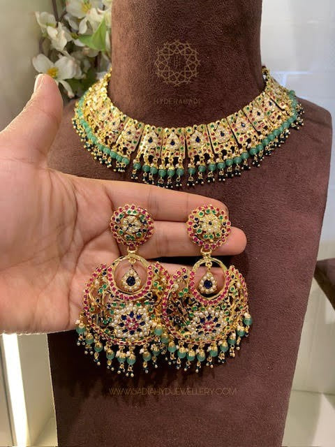 Wamiqa Red Green Blue Jadau Necklace Set